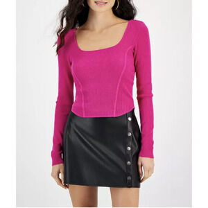 Bar III Sweater Womens XL Pink Long Sleeve Square Neck Ribbed Pullover Top